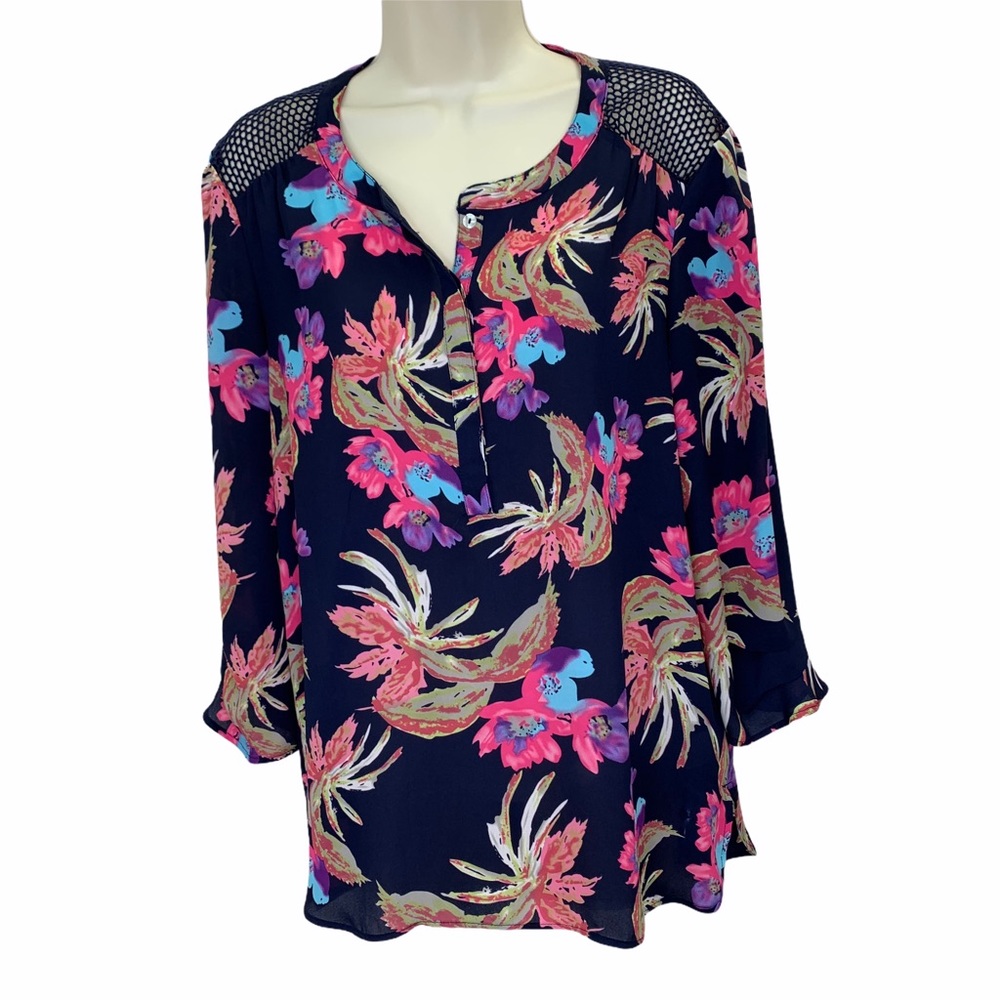 Daniel Rain Blue Multi Floral Sheer Tropical Long Sleeved Blouse size Medium